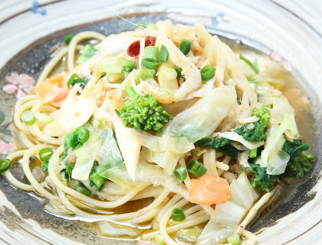 白海老と春野菜のペペロンチーノ かぼ茶庵 益子ランチ 益子焼