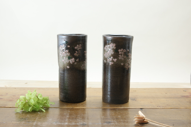 分骨壷 線香立て 対の花瓶 陶器 オリジナル オーダーメイド さくら 桜 仏具 作家 益子焼 焼き物 陶器